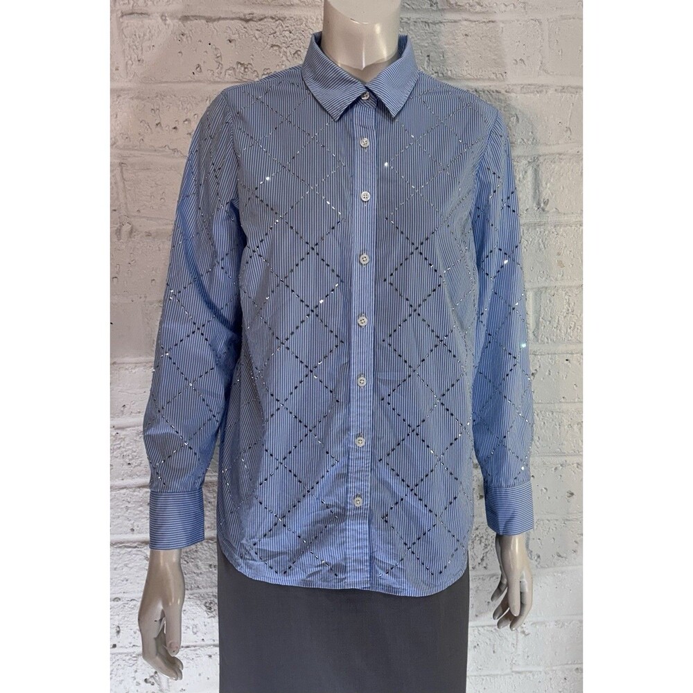Talbots Button Up Cotton Poplin Shirt Size M Crystal Embellished Pin Stripe Prep